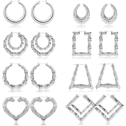 CASSIECA 8Pair Bamboo Geometric Statement Earrings Set, Handmade Artificial Gemstone Jewelry with Large Different Shapes, Chunky Bling Accessories for Women for Party, Daily Wear Sohochic