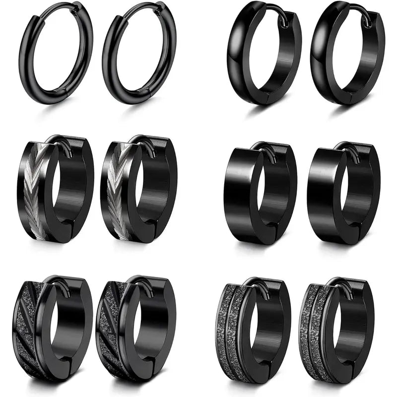 CASSIECA 6Pair Stainless Steel Earrings Set Classic Small Hoops, Helix Piercing Sleepers, Dome, Black Styles, Sleep Safe Jewelry for Men/Women, Men's Accessories Sohochic