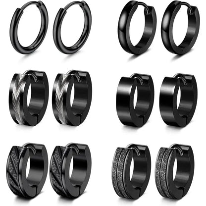 CASSIECA 6Pair Stainless Steel Earrings Set Classic Small Hoops, Helix Piercing Sleepers, Dome, Black Styles, Sleep Safe Jewelry for Men/Women, Men's Accessories Sohochic