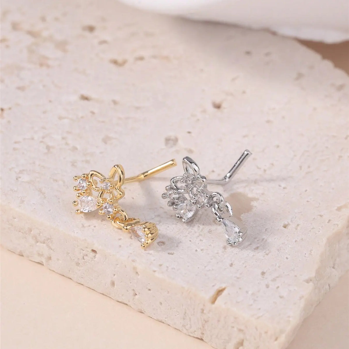 Dangle Nose Stud Rings for Women, Cute Butterfly Shape, Cz, Silver Color, L Bend, Nostril Screw, Unique Nose Piercing Jewelry, Body Jewelry, Body Jewellery