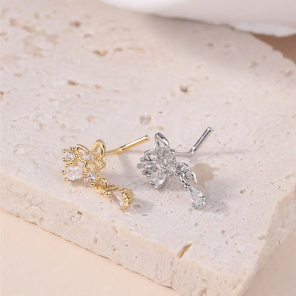 Dangle Nose Stud Rings for Women, Cute Butterfly Shape, Cz, Silver Color, L Bend, Nostril Screw, Unique Nose Piercing Jewelry, Body Jewelry, Body Jewellery