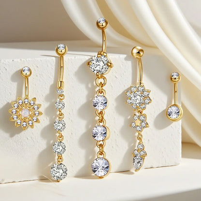 Women's Belly Button Rings Set, Navel Ring, Artificial Zircon Flower Design, Fashion Jewelry for Party & Vacation Wear, Body Piercing Accessories, High Quality Jewelry, Body Jewellery