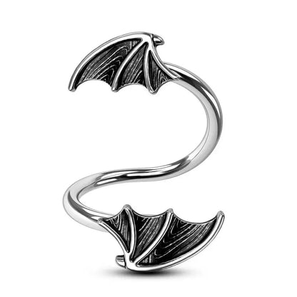 OUFER 16G 316L Stainless Steel S-Shaped Unisex Cartilage Ring - Hypoallergenic Gothic Edge Dark Bat Motif Snakebite Piercing Jewelry with Black Bat Wing Charms