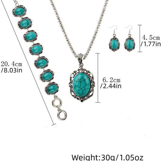 Boho Fashionable Necklace Bracelet Earrings Turquoise Inlay Vintage Flower Design Daily Wear Party Decoration Jewelry Sets