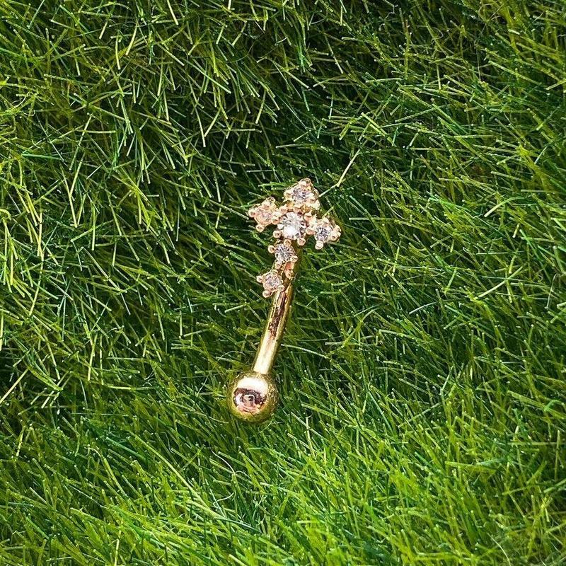 1pc CZ Gem Paved Cross Eyebrow Ring 16g Curved Barbell 16 Gauge