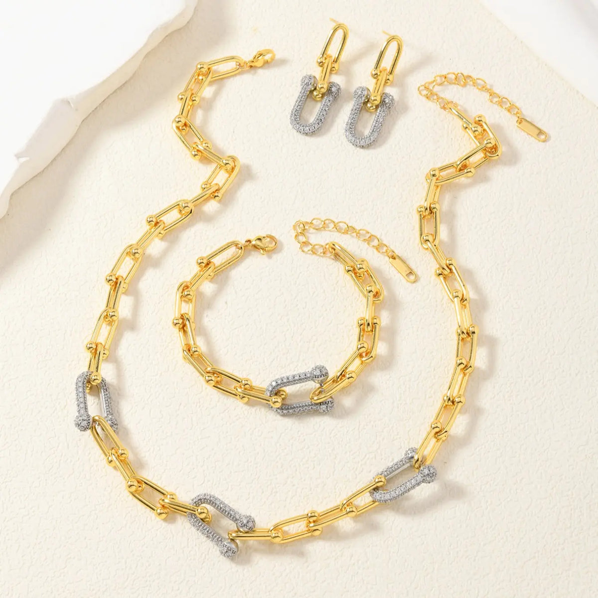 Stainless Steel Jewelry Set with Rhinestones, U-Shaped Clasp Necklace Bracelet Earrings, Casual Style for All Seasons, Elegant Jewelry Set, Fashion Jewelry Set, Jewellery Gift Set, Jewelry Gift Set