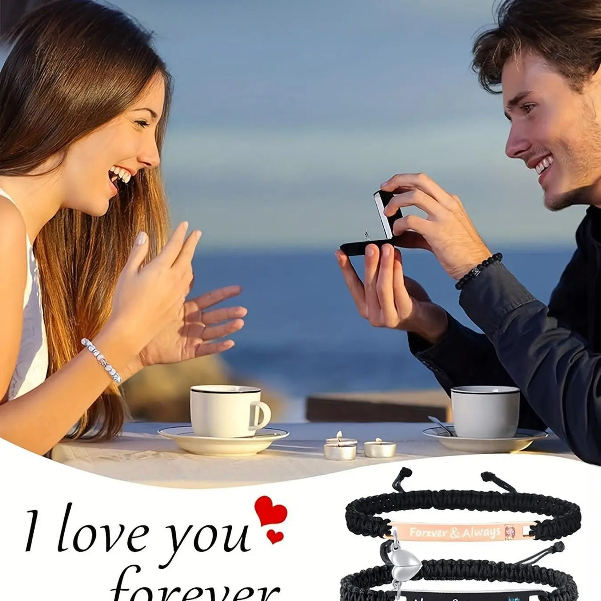 4-piece couple's bracelet and necklace set, Couples jewelry set, couple's jewellery set includes a rose gift box, perfect gift for him/her, Valentine's Day, Christmas, anniversary gift