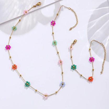 Women's Stainless Steel Handmade Flower Bracelet Necklace Set, Waterproof Rust-Resistant Matching Jewelry Set for Beach Vacation Daily Wear Gift Waterproof Jewelry Sets Trendy Fashionable Jewelry Set, Jewellery Gift Set