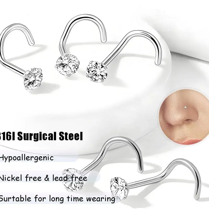 Unisex 6pcs 20G-18G 316L Surgical Stainless Steel Nose Studs - Hypoallergenic Corkscrew Nose Piercing Jewelry with 1.5mm-3mm Clear Cubic Zirconia Tops, Silver Option for Female, Male Adults, Versatile Addition Accessories