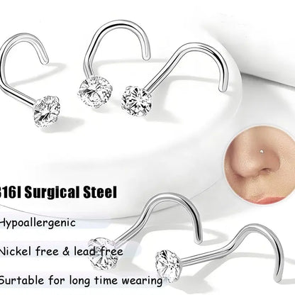 Unisex 6pcs 20G-18G 316L Surgical Stainless Steel Nose Studs - Hypoallergenic Corkscrew Nose Piercing Jewelry with 1.5mm-3mm Clear Cubic Zirconia Tops, Silver Option for Female, Male Adults, Versatile Addition Accessories