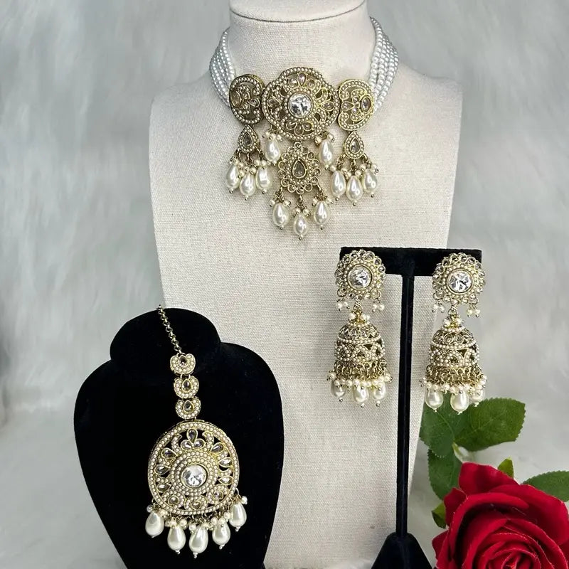 Pakistani Style Pearls Choker Necklace with Jhumka and Tikka Jewelry Set, Elegant Design for Women