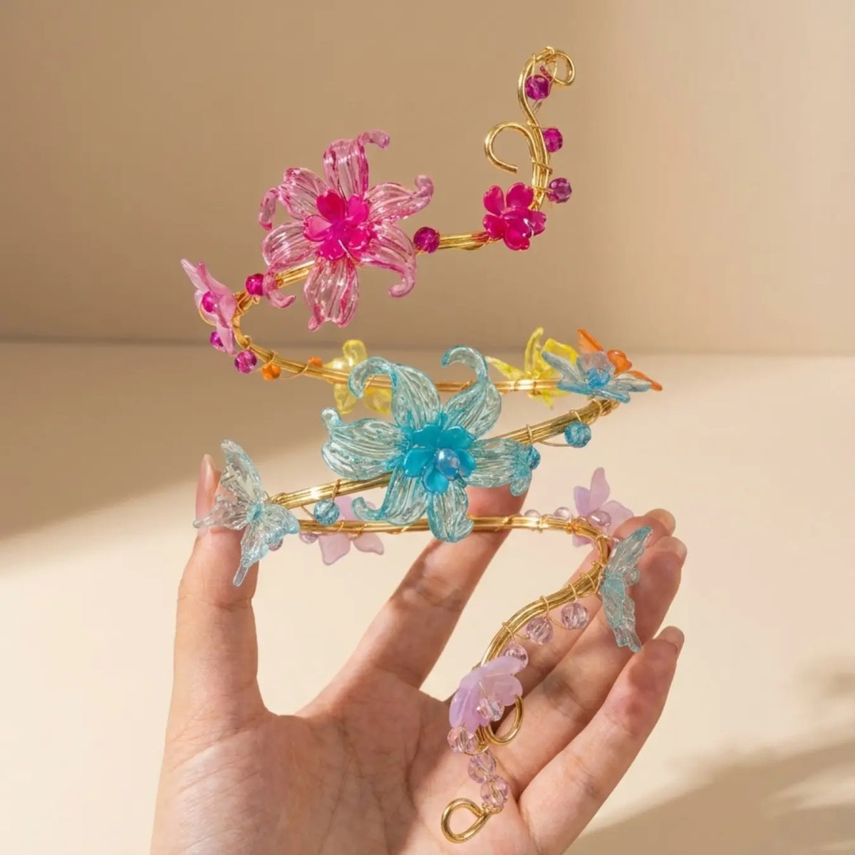 Rainbow Gradient Transparent Flower Butterfly Arm Bracelet, Colorful Beaded Spiral No-Piercing Upper Arm Ring, Beach Festival Body Jewelry, Bead Bracelets, Boho Jewelry