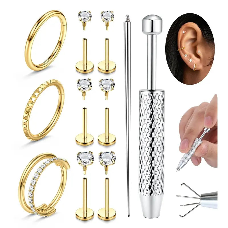 Women's 16G-18G Gold Plated Surgical Steel Body Jewelry Set - Internally Threaded Flat Back Studs, CZ Hoops, 5A+ Cubic Zirconia Stones Shine Bright, Hypoallergenic for Nose, Tragus, Helix Piercings Daily Wear