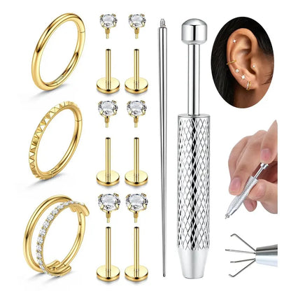 Women's 16G-18G Gold Plated Surgical Steel Body Jewelry Set - Internally Threaded Flat Back Studs, CZ Hoops, 5A+ Cubic Zirconia Stones Shine Bright, Hypoallergenic for Nose, Tragus, Helix Piercings Daily Wear