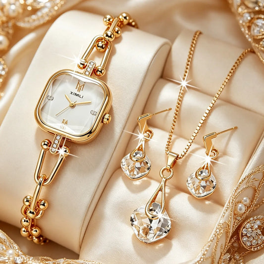 4pcs/set French Elegant Square Dial Women's Watch + Teardrop Necklace Earrings Set, Jewelry Sets, Accessory Set, Perfect Gift for Holidays and Special Occasions