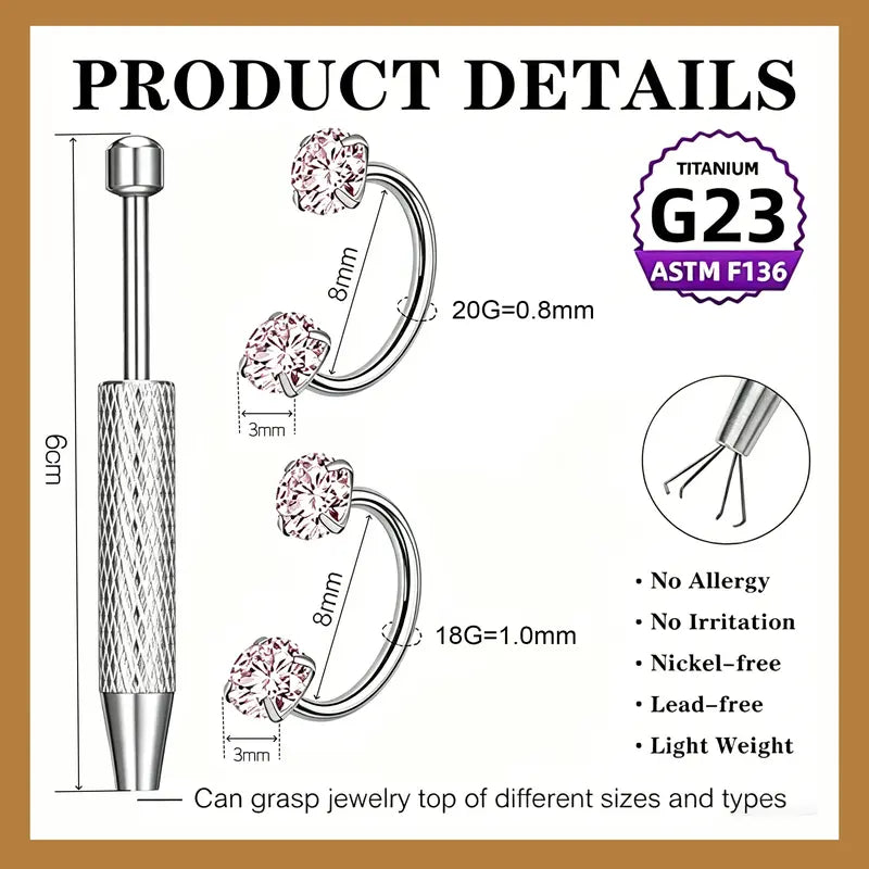 20G(0.8mm)/18G(1.0mm) 8mm Horseshoe Nose Hoop Internally Threaded Gems Nose Ring with Free Ball Holder | Caution: Avoid Overtightening; Pre-Tighten with Provided Tool then Complete Tightening by Hand