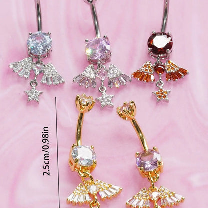 Summer Fashion Unique Design Artificial Zircon Star Wing Pendant Navel Ring, Navel Piercings, Fashion Sweet Style Stainless Steel Belly Button Piercing Jewelry, Belly Button Rings