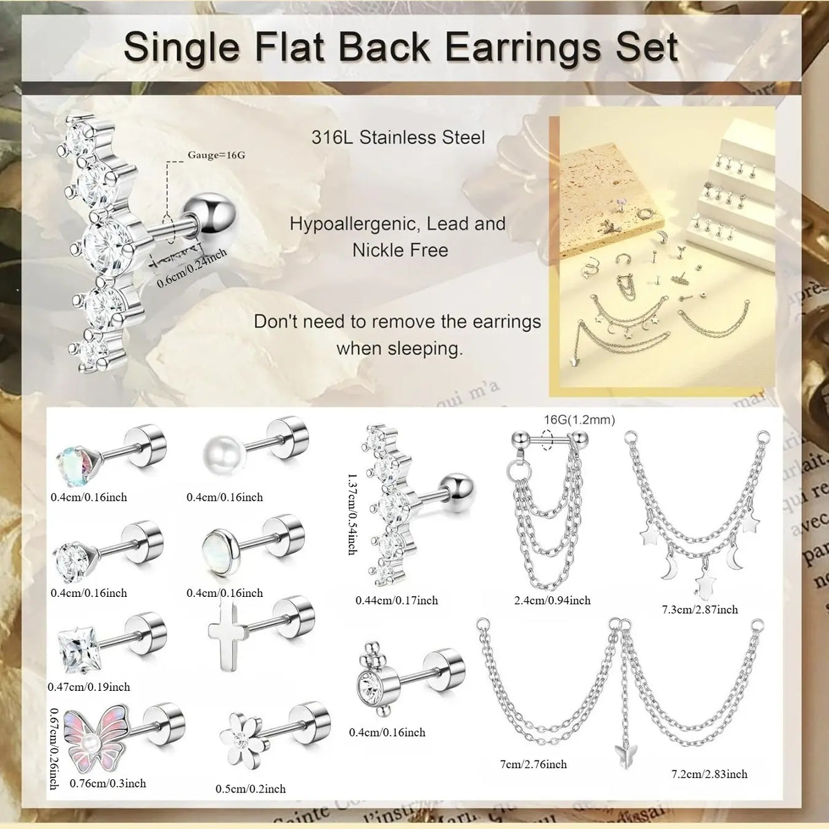 27 Pcs Helix Piercing Earrings Hypoallergenic Surgical Steel Earrings for Women Men Small Cz Flat Back Earrings, Earrings With Flat Backs, Cartilage Helix Hoop Tragus Flat Back Studs Set Earring