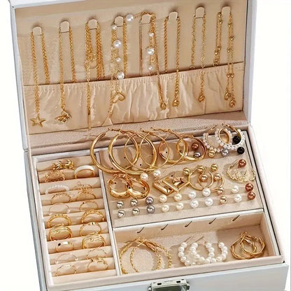 86-piece set of fashionable and elegant gold-plated butterfly necklace, heart-shaped ring, imitation pearl earrings, earrings, 4 in 1 multi-piece jewelry set, suitable for girls' daily travel, party and holiday gifts, fashion accessories (No box)